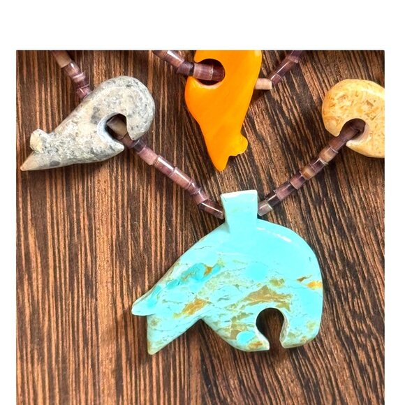 Vintage Zuni Double Strand Bird Fetish Turquoise Bear Necklace Multi-Stone 28" - Picture 9 of 12